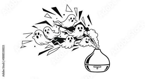 Playful cartoon ghosts playfully escaping from an aromatherapy diffuser, creating a whimsical Halloween atmosphere.