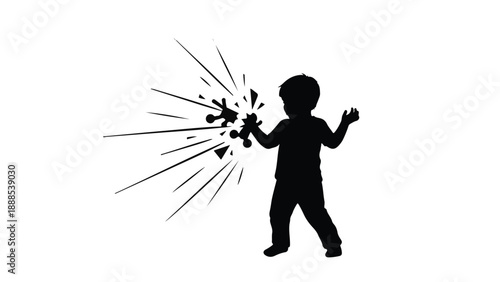 Child's silhouette exploding with creativity and imagination on white background