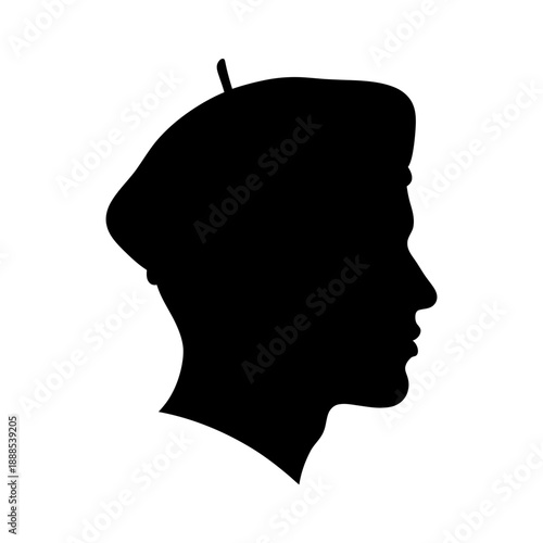 Silhouette of an artist head with beret hat black vector shape on white background creative avatar sharp