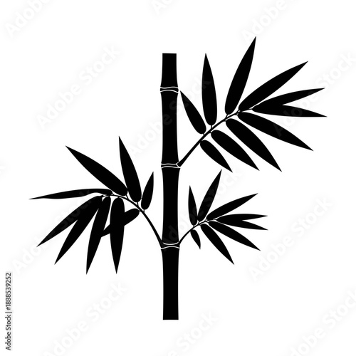 Silhouette of a bamboo stalk with leaves black vector shape on white background asian plant sharp details