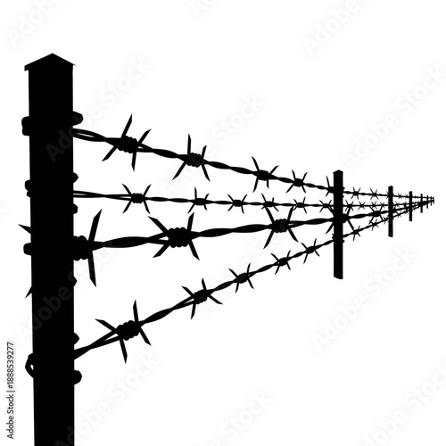 Silhouette of a barbed wire fence line black vector shape on white background security icon sharp