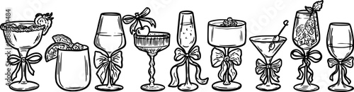 Hand Drawn Sketch of Cocktail and Wine Glasses with Bows for Wedding Party Celebration and Restaurant Menu Design Vector
