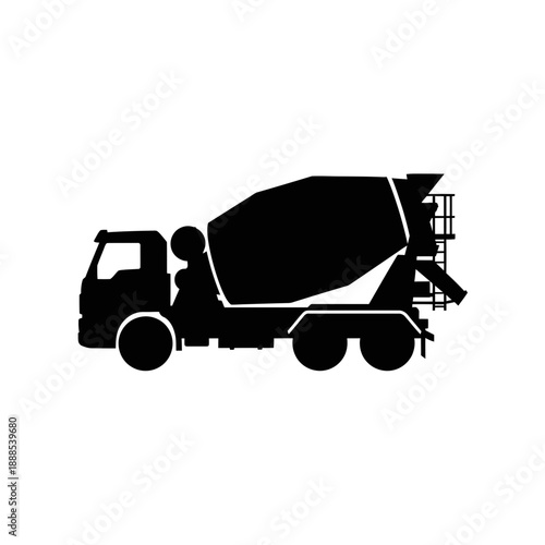 Silhouette of a cement mixer rotating drum black vector shape on white background concrete truck