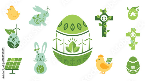 Easter and Earth Day themed icons with renewable energy symbols, Generative AI.