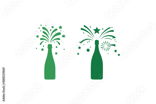Two green champagne bottles with festive explosions of stars and confetti on a white background