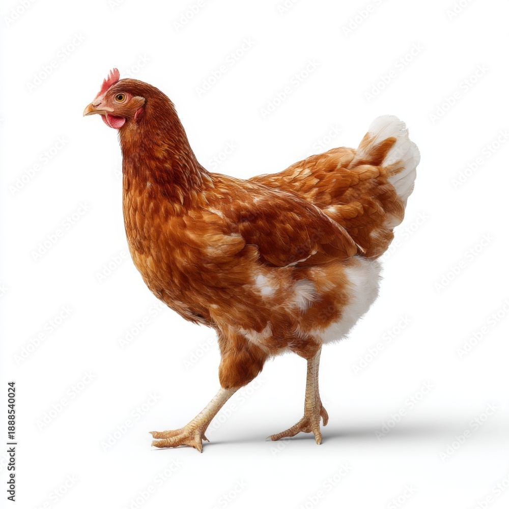 Fototapeta premium Beautiful Brown Chicken Walking Gracefully on a White Background with Elegant Feather Patterns and Sharp Features