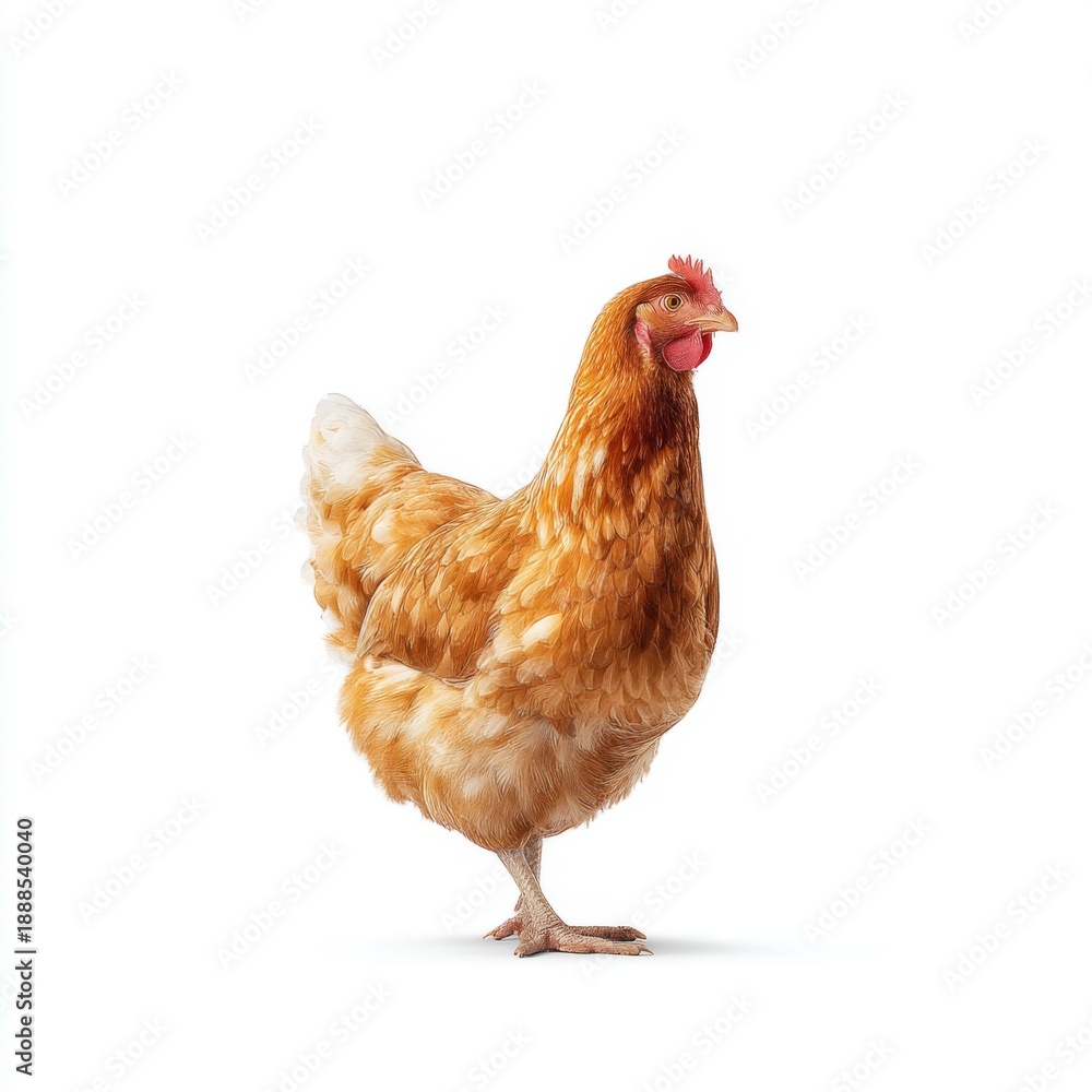 Fototapeta premium Brown Feathered Chicken Standing on White Background in Bright Studio Light