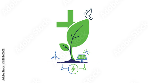 Green plant with cross and dove symbolizing environmental care, Generative AI.