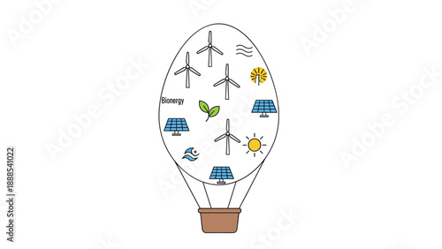 Hot Air Balloon with Renewable Energy Symbols, Generative AI.