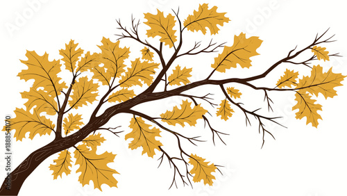 Autumn Oak Branch with Golden Leaves Illustration.