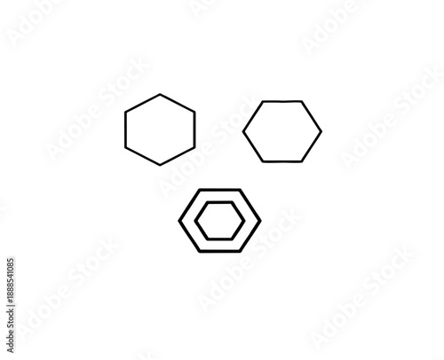 Hexagon line art icons set with geometric polygon shapes and concentric honey comb outlines in black and white