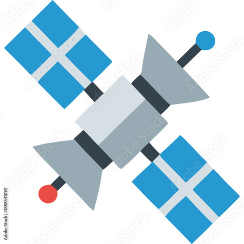 Satellite illustration with solar panels and antennae in orbit around the Earth viewed from space