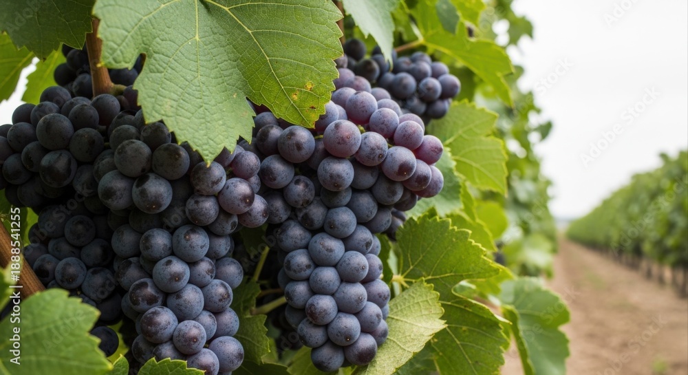 Fototapeta premium Ripe Grapes on the Vine in Vineyard Ready for Harvest Season, Viticulture and Winemaking