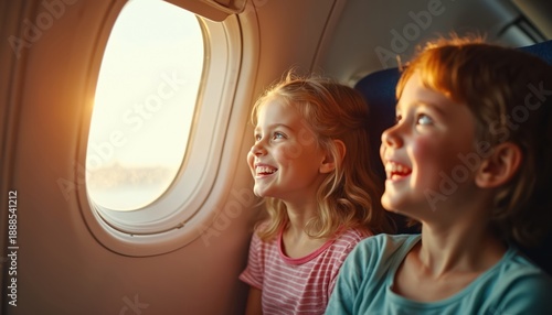 Two girls gaze out airplane window, excited for trip. Siblings look at sky, sunbeams highlight happy faces, anticipating fun vacation adventure. Airborne journey begins.