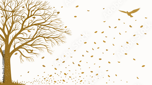 Autumnal Tree with Falling Leaves and Bird in Flight.