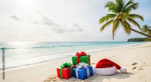 Wallpaper Mural Tropical Christmas Holiday Celebration with Presents and Santa Hat on Sandy Beach Paradise Torontodigital.ca