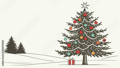 Christmas Tree in Winter Landscape with Gift.