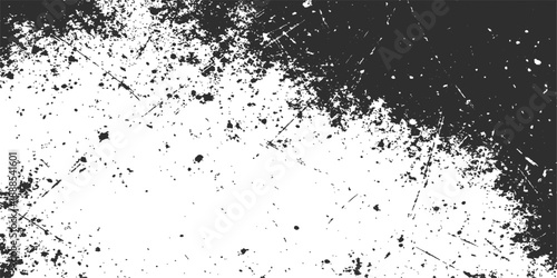 A grunge black ink splat design features a liquid paint splash and spray texture over a dirty black and white vector background with artistic watercolor stains and silhouette drops