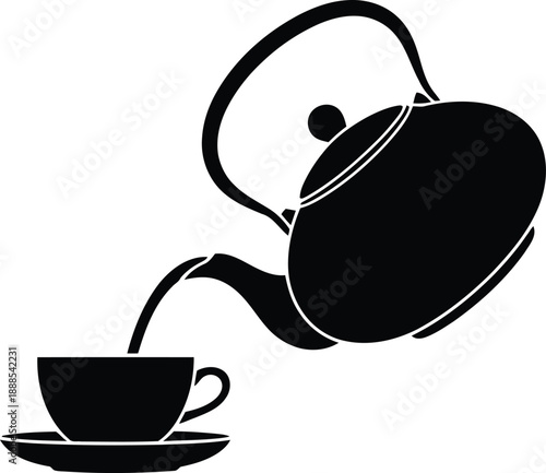 A classic black silhouette of a teapot pouring hot liquid into a small cup and saucer