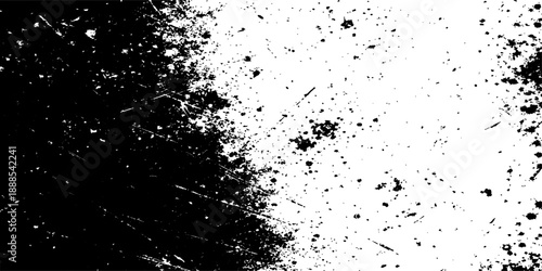 A dark grunge design featuring a black ink splash and splat pattern with liquid paint drops and spray textures on a clean black and white background illustration