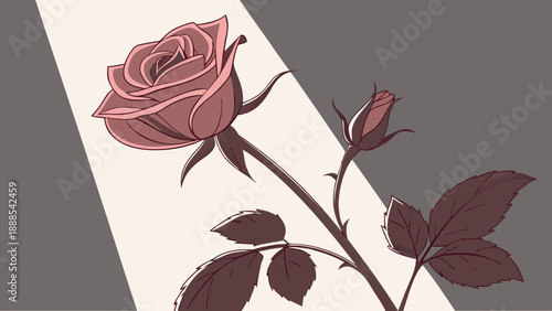 Elegant Rose Still Life with Bud and Leaves.