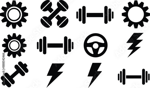A collection of black silhouette icons displaying gears, dumbbells, lightning bolts, and a steering wheel on white