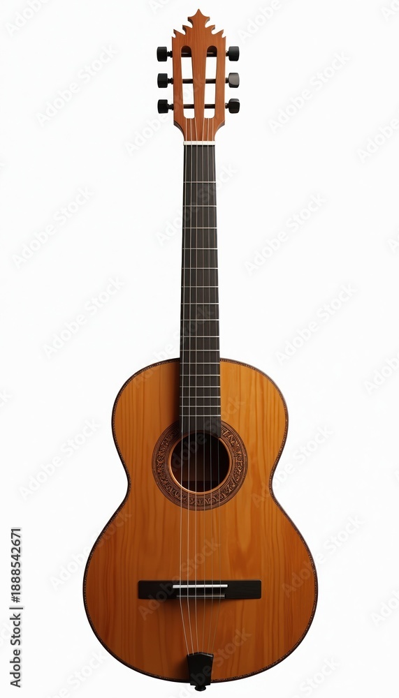 Naklejka premium Acoustic vihuela guitar, traditional Spanish musical instrument with wooden body and strings. Classical stringed instrument isolated on white background for music design.