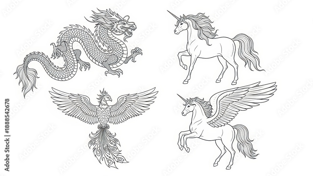 Fototapeta premium Mythical Creatures: Dragon, Phoenix, Unicorn, Pegasus - Fantasy Line Art Collection
