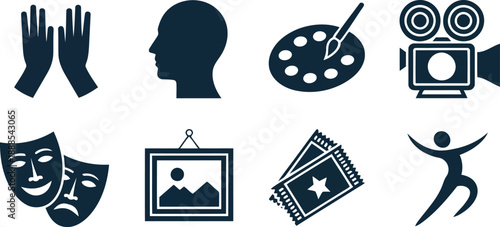 A collection of dark blue iconographic symbols representing various forms of performing and visual arts on white