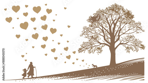 Heartfelt Walk Generational Love Under the Autumn Tree.