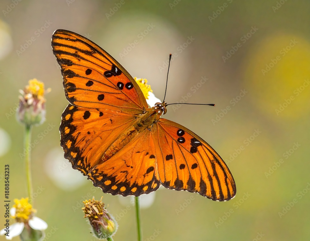 Obraz premium An orange and black butterfly rests on a small, white wildflower