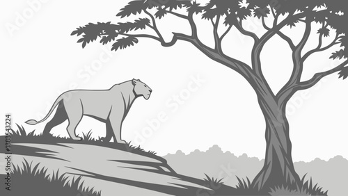 Lion Silhouette Under Tree on African Savannah Illustration.