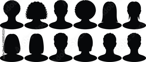 A collection of diverse human head silhouettes showcasing various hairstyles on a white background