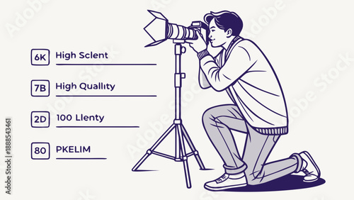 Photographer Kneeling with Camera on Tripod Capturing the Perfect Shot.