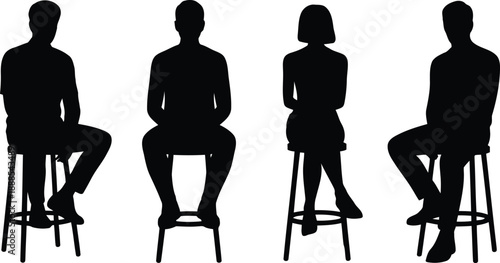 A collection of four black silhouettes depicting men and women sitting on high bar stools