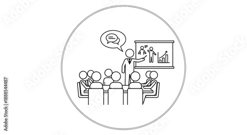 Business meeting presentation with charts and audience.