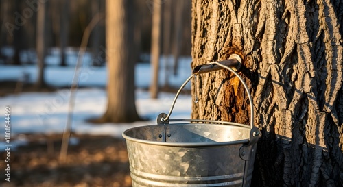 A maple tree being tapped for delicious sap, with a rustic bucket catching drops in a winter forest, illustrating the natural maple sap tapping production concept.