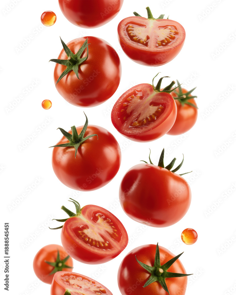 Fototapeta premium Falling fresh red tomatoes in halves and whole with transparent background studio shot