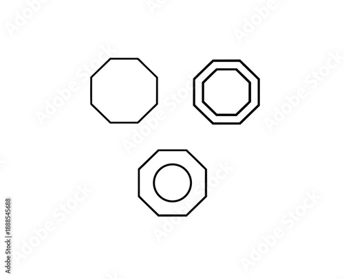 Octagon line art icons set with eight sided geometric polygon and concentric stop sign shapes in black and white