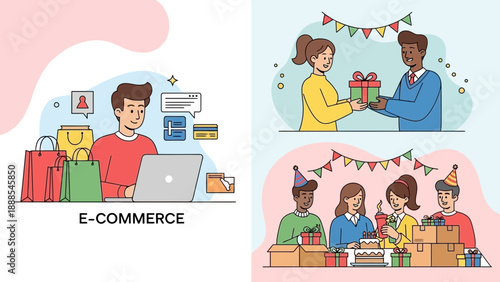 e-commerce online shopping, birthday celebration, gift giving, party