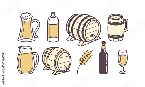beer mugs bottles and barrels flat vector illustration set, easily editable. 