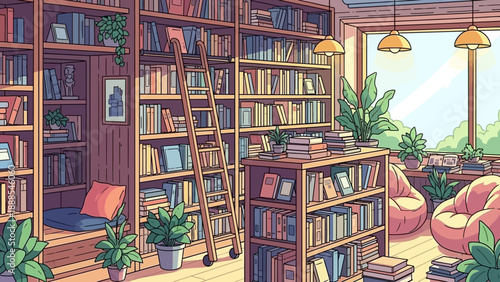 cozy library interior with books and plants