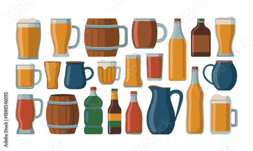 Flat vector beer bottles and mugs collection vector illustration set, easily editable. 