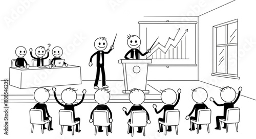 Business meeting with presentation and audience participation.