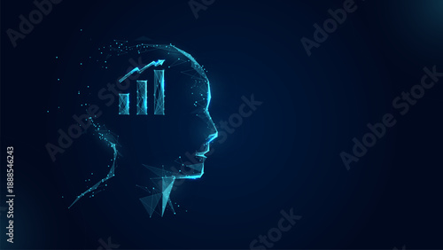 Blue image of a head with a brain and a graph