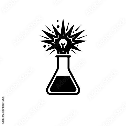 Eureka Moment Science Explosion Icon. black and white icon of an Erlenmeyer flask erupting with a starburst, symbolizing a sudden creative breakthrough or scientific discovery