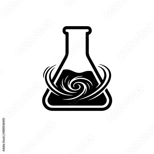 Swirling Motion Erlenmeyer Flask Icon. black and white icon of an Erlenmeyer flask showing a swirling liquid vortex, illustrating the mixing process in a scientific experiment