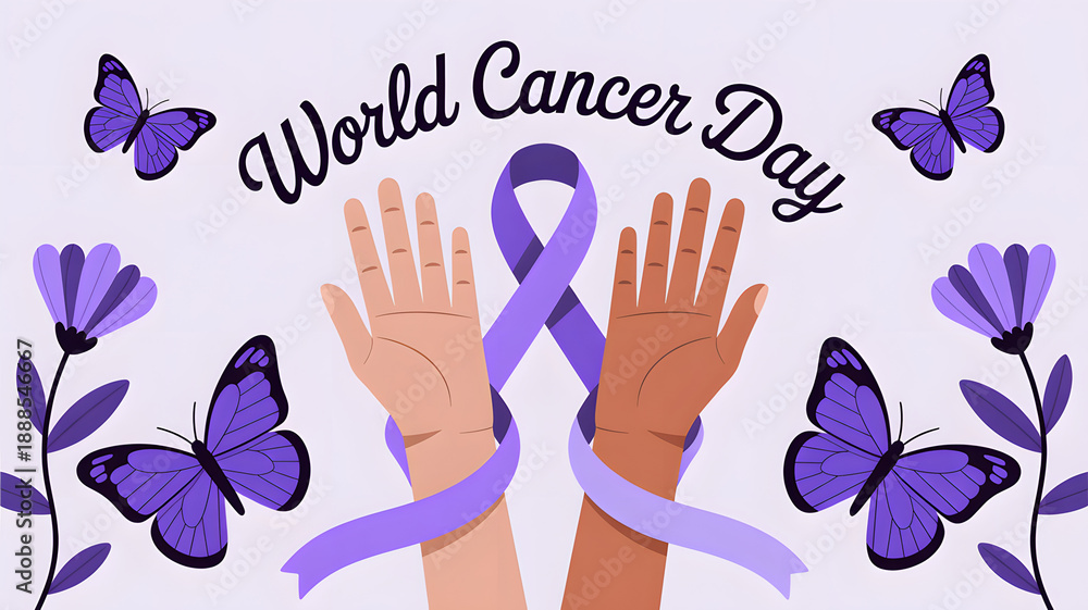 Fototapeta premium World Cancer Day awareness campaign with purple ribbon and hands