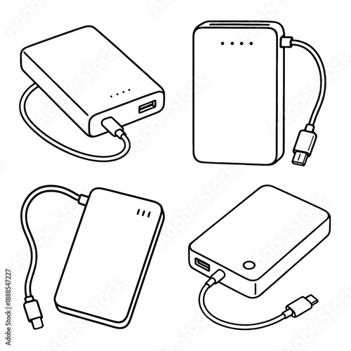 Power Bank With Cable Line Art Vector Illustration Set (Portable Charger)