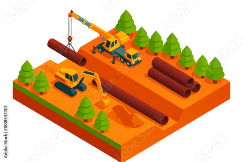 An isometric illustration of heavy machinery at a logging site with trees and logs